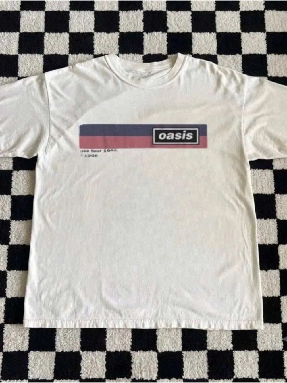 Oasis White Tee with Navy and Red Stripe Graphic